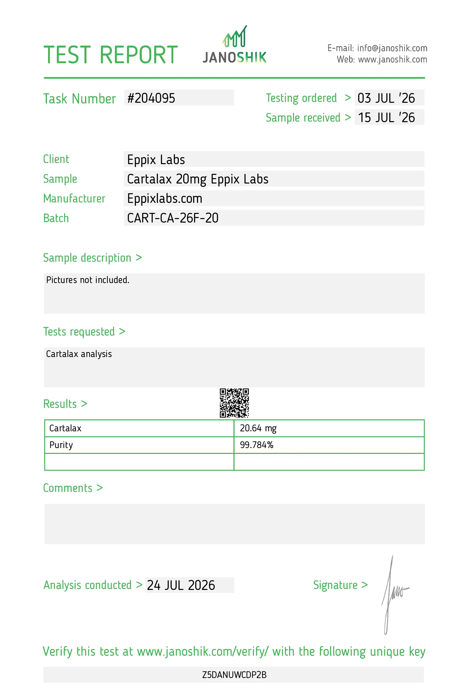 Certificate of Analysis for Cartalax 20mg