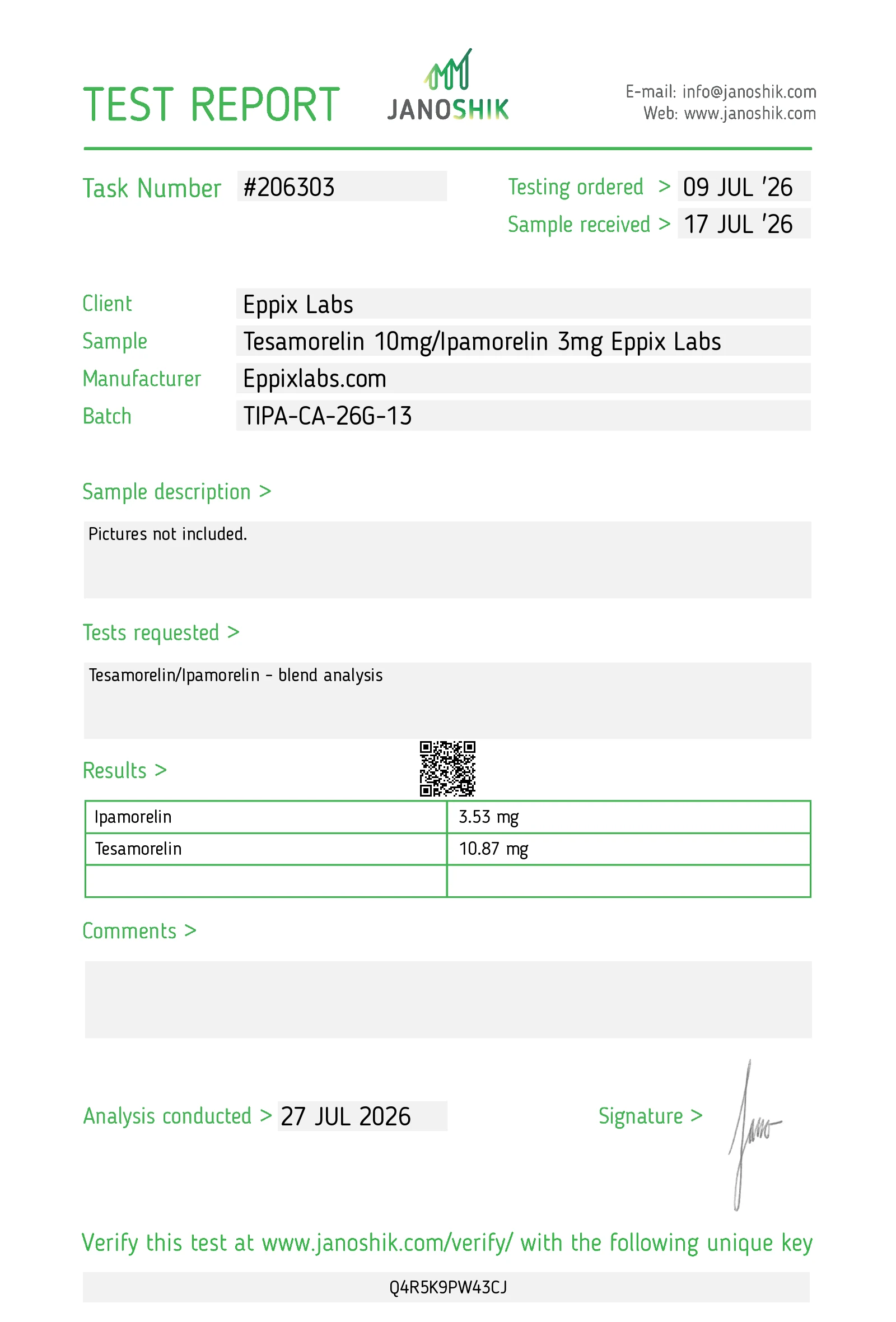 Certificate of Analysis for Tesamorelin / Ipamorelin Blend 13mg