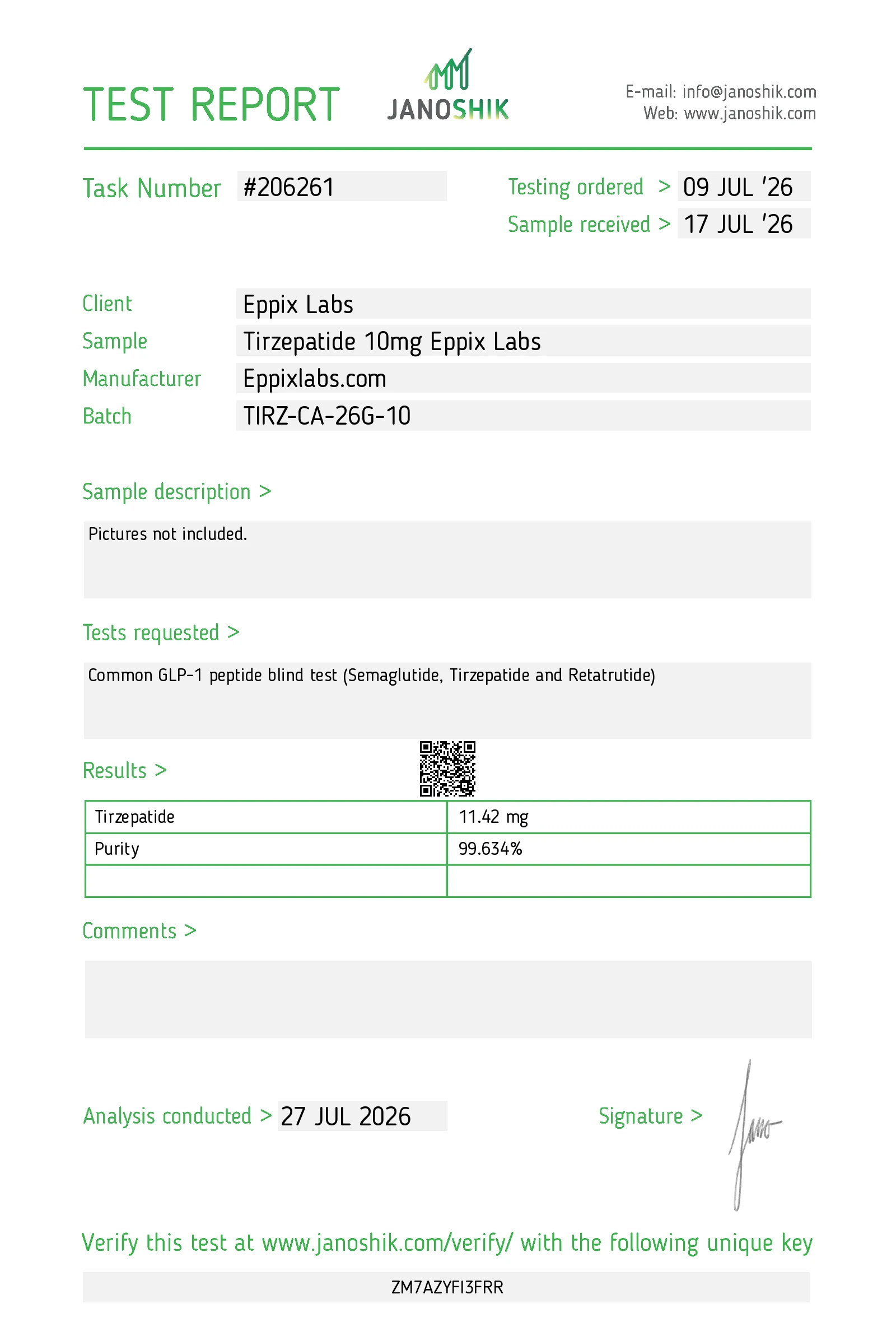 Certificate of Analysis for Tirzepatide 10mg