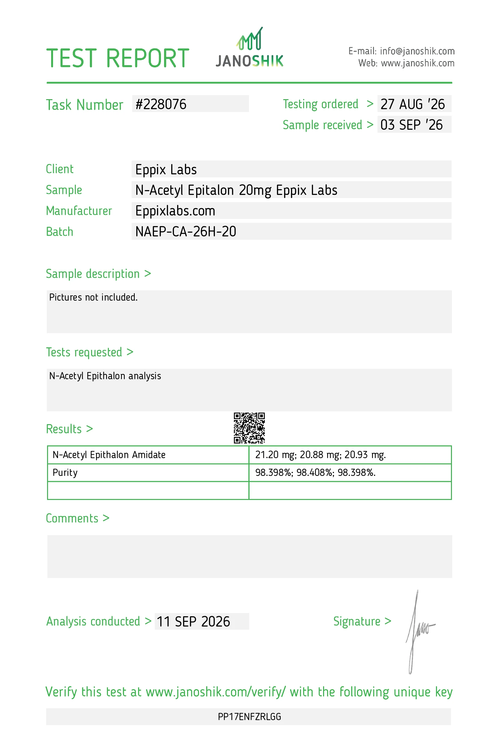 Certificate of Analysis for N-Acetyl Epitalon 20mg