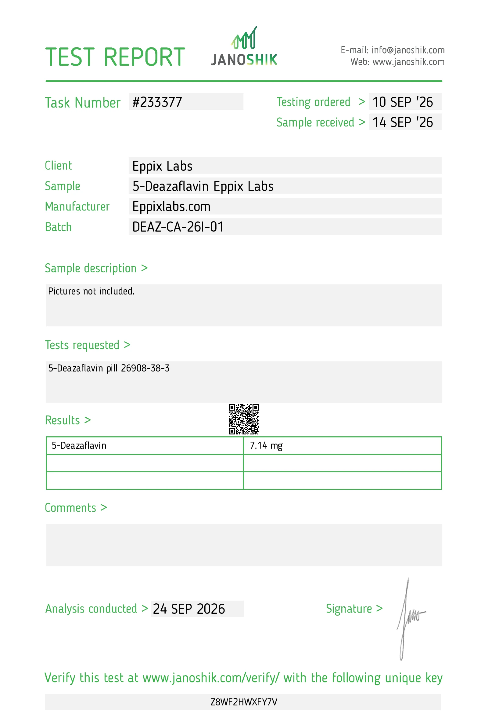 Certificate of Analysis for 5-Deazaflavin Capsules batch DEAZ-CA-26I-01