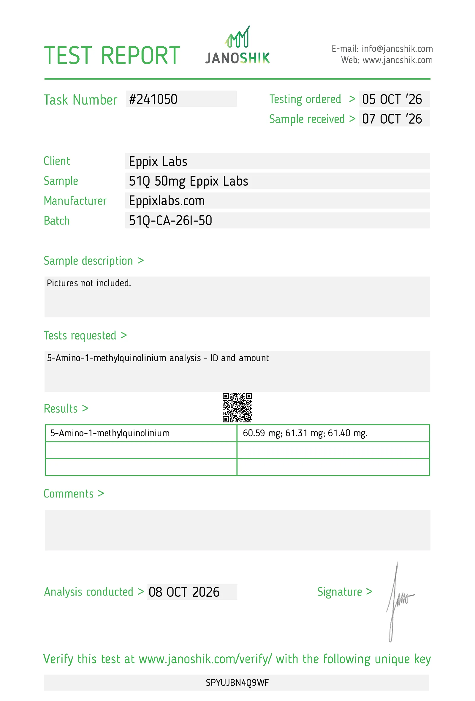 Certificate of Analysis for 5-Amino-1MQ batch 51Q-CA-26I-50