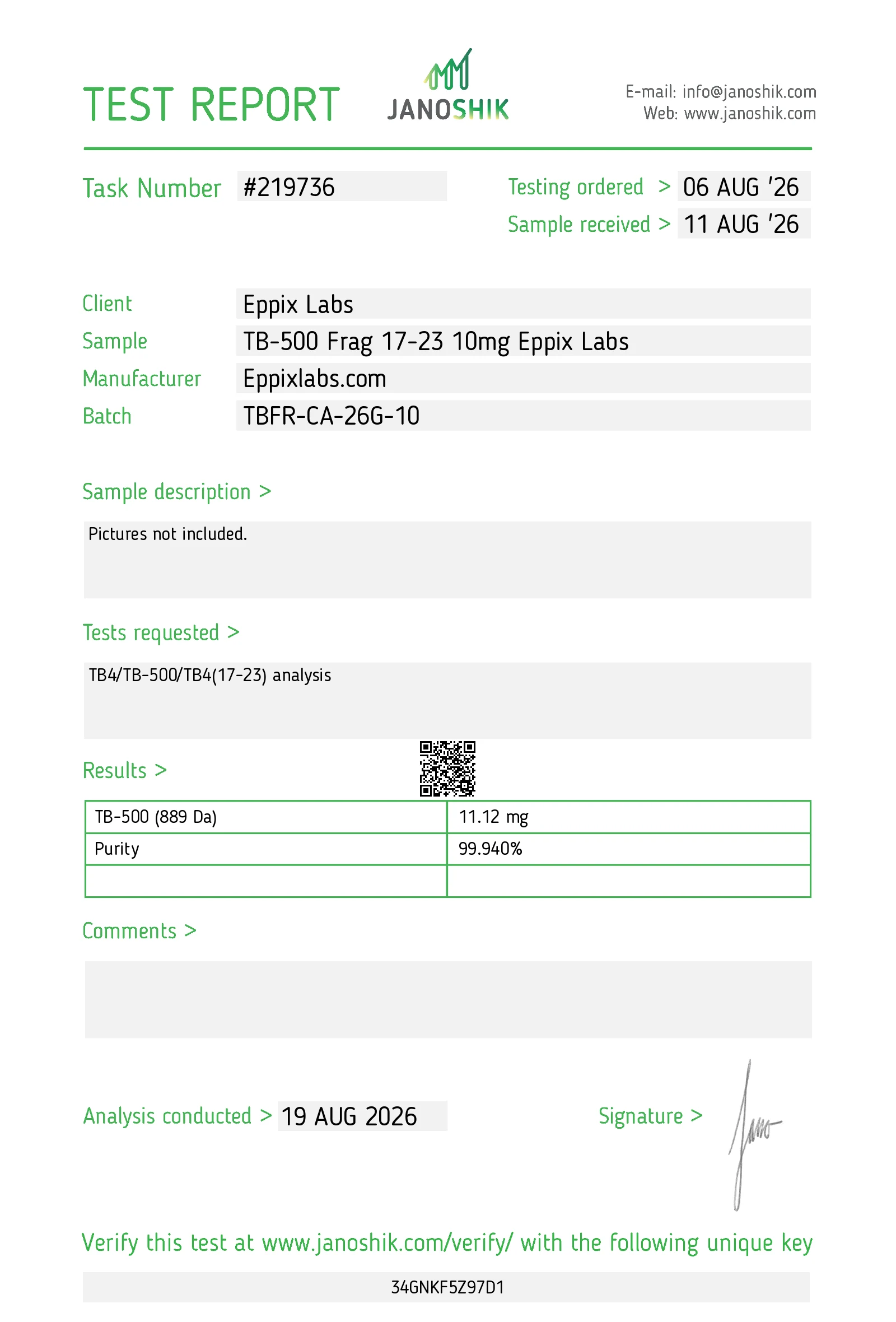 Certificate of Analysis for TB-500 Fragment 17-23 10mg