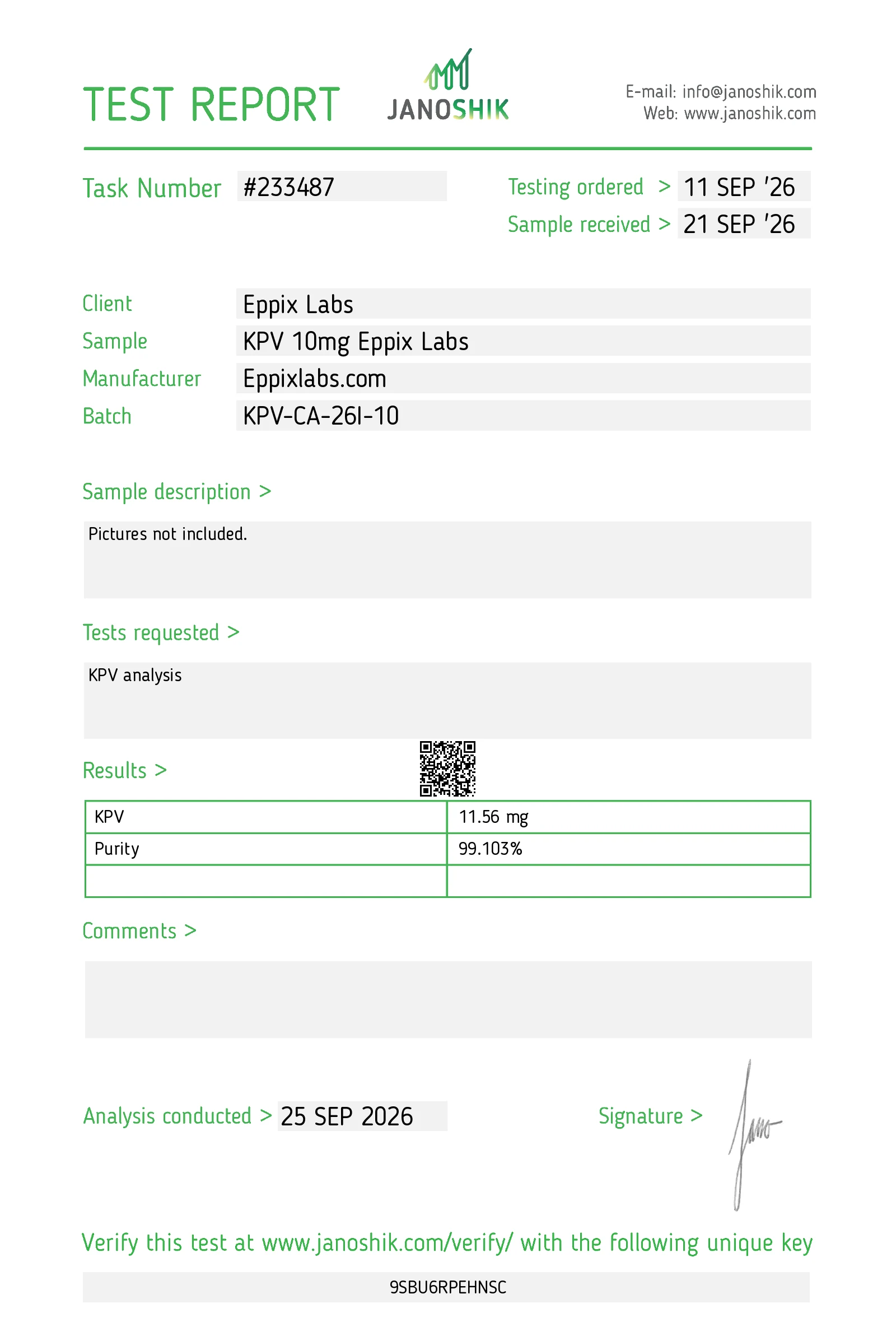 Certificate of Analysis for KPV 10mg