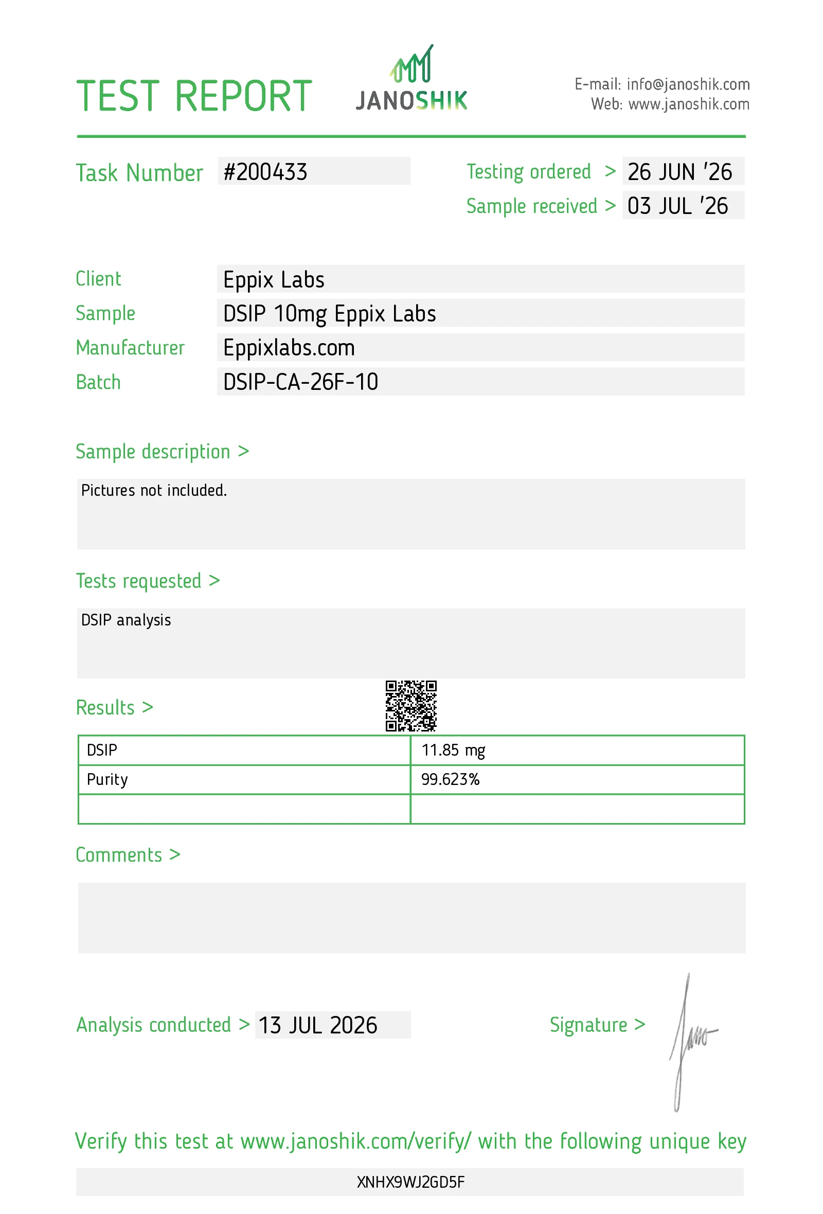 Certificate of Analysis for DSIP 10mg