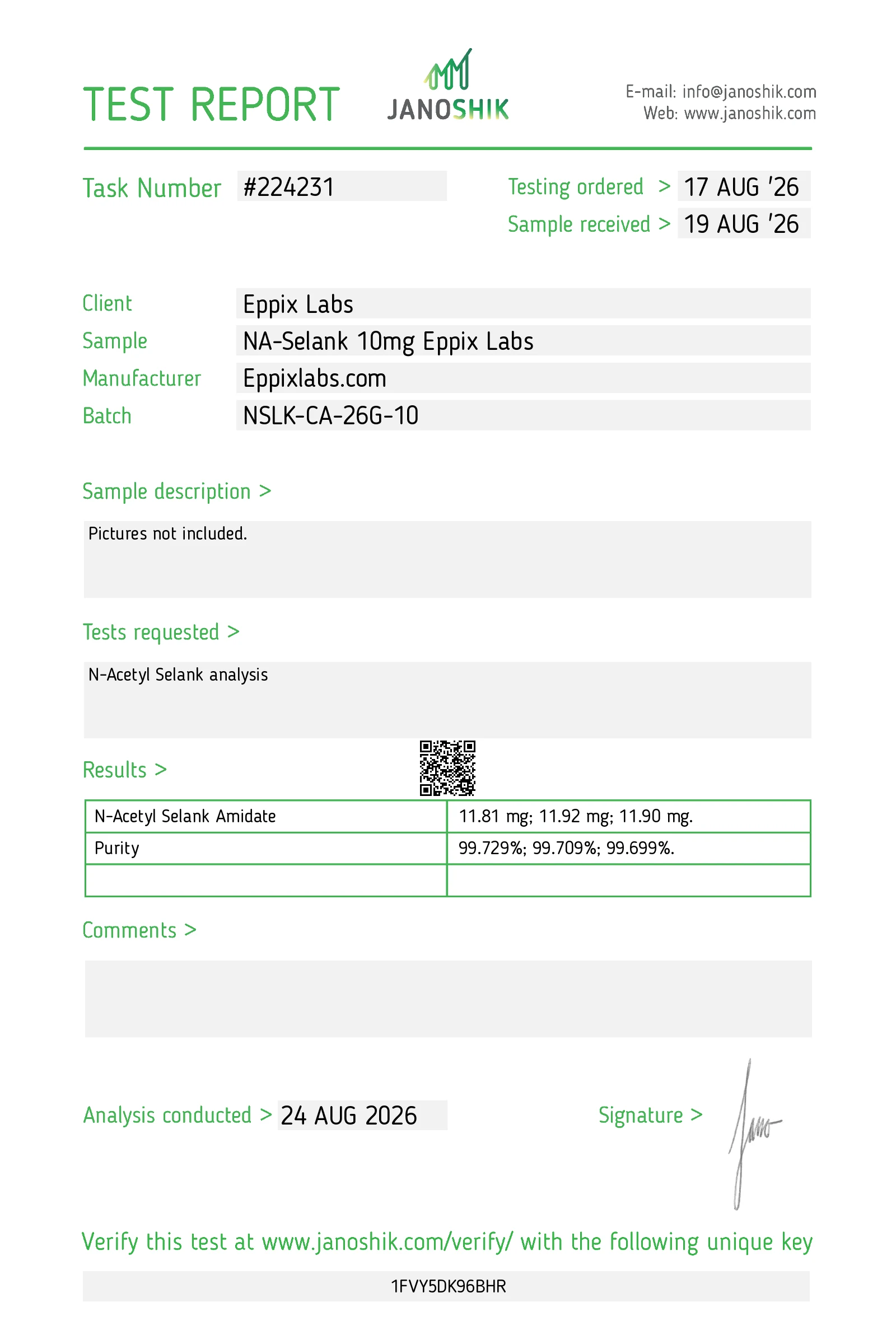Certificate of Analysis for N-Acetyl Selank 10mg