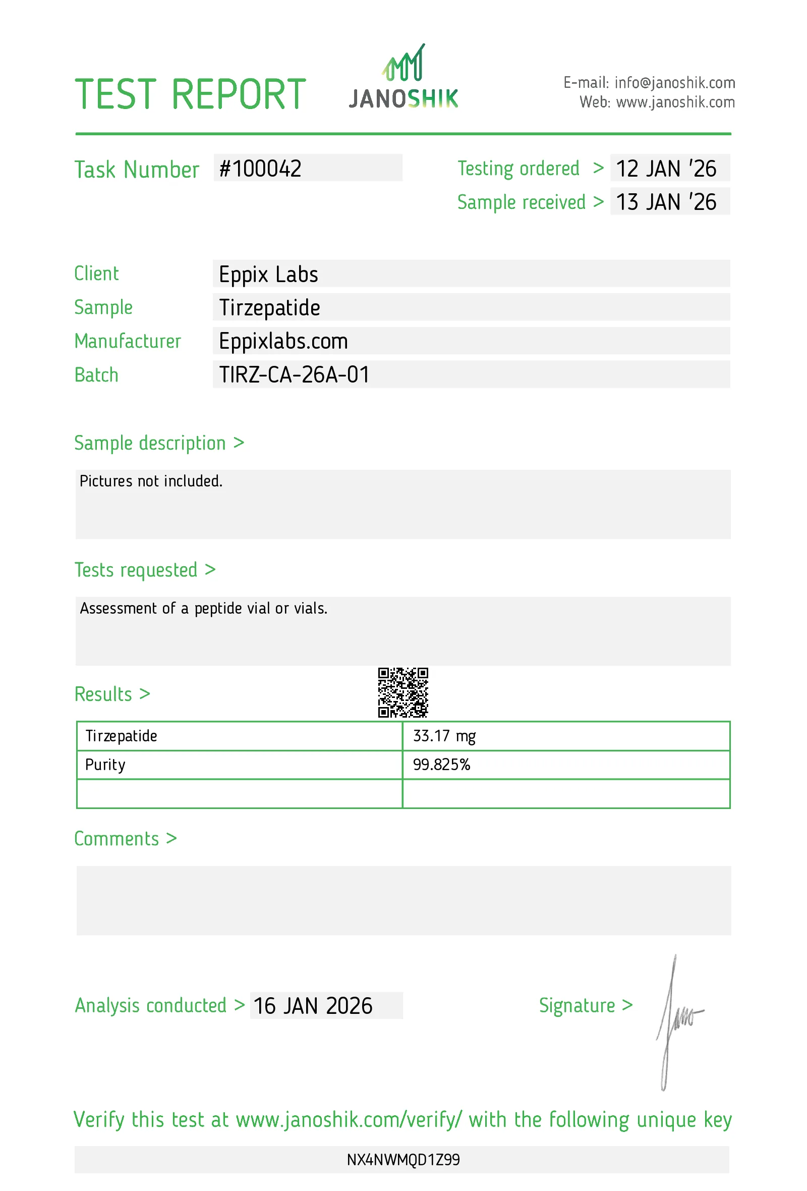 Certificate of Analysis for Tirzepatide batch TIRZ-CA-26A-01