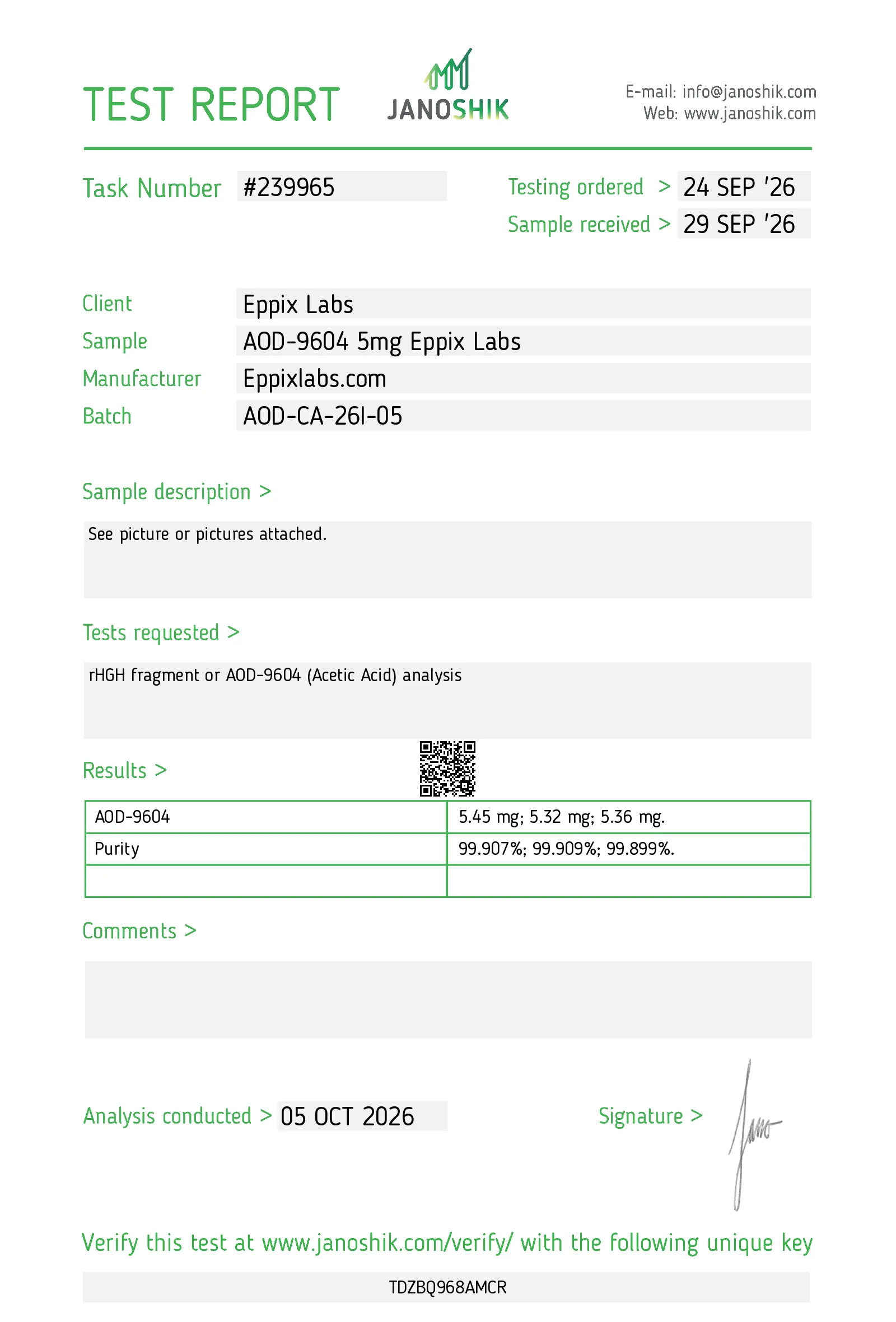 Certificate of Analysis for AOD-9604 5mg
